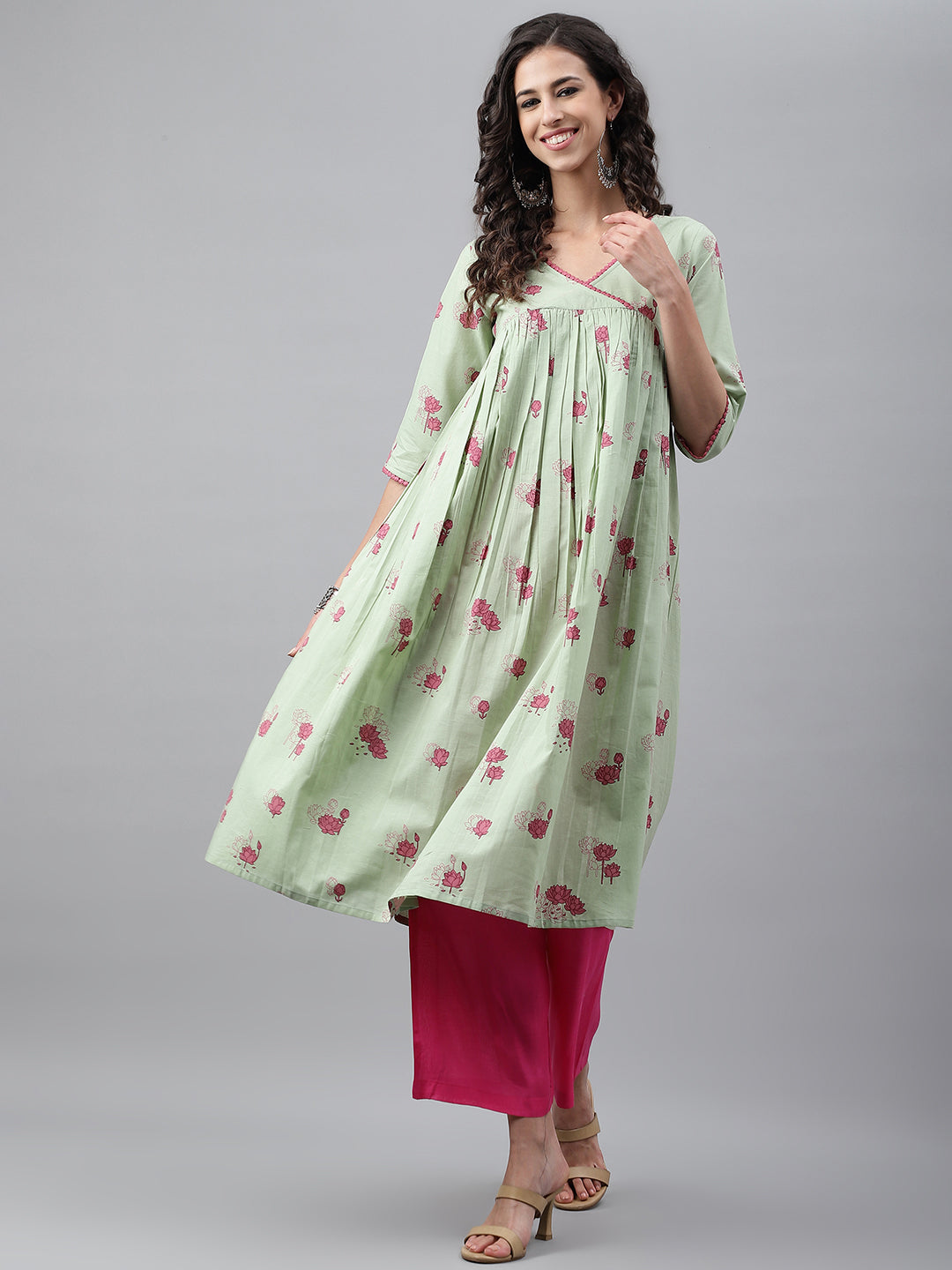 Janasya Women's Light Green Cotton Floral Printed Casual Flared Kurta - Swadesiicart