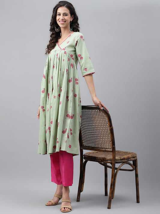 Janasya Women's Light Green Cotton Floral Printed Casual Flared Kurta - Swadesiicart