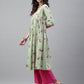 Janasya Women's Light Green Cotton Floral Printed Casual Flared Kurta - Swadesiicart