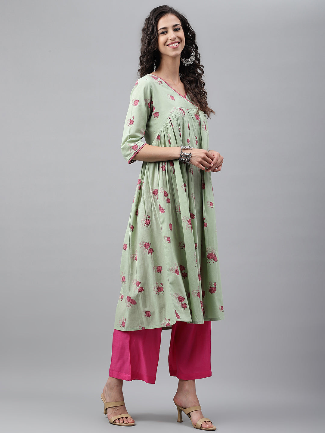 Janasya Women's Light Green Cotton Floral Printed Casual Flared Kurta - Swadesiicart
