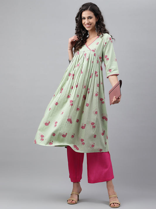 Janasya Women's Light Green Cotton Floral Printed Casual Flared Kurta - Swadesiicart