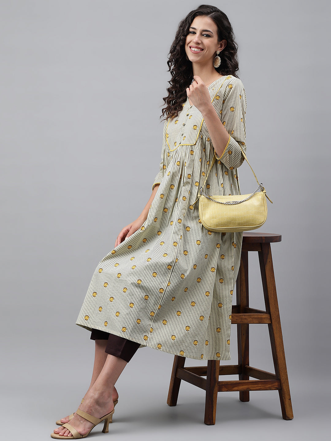 Janasya Women's Light Yellow Cotton Floral Printed Party Flared Kurta | Swadesiicart