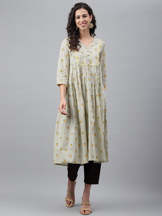 Janasya Women's Light Yellow Cotton Floral Printed Party Flared Kurta | Swadesiicart