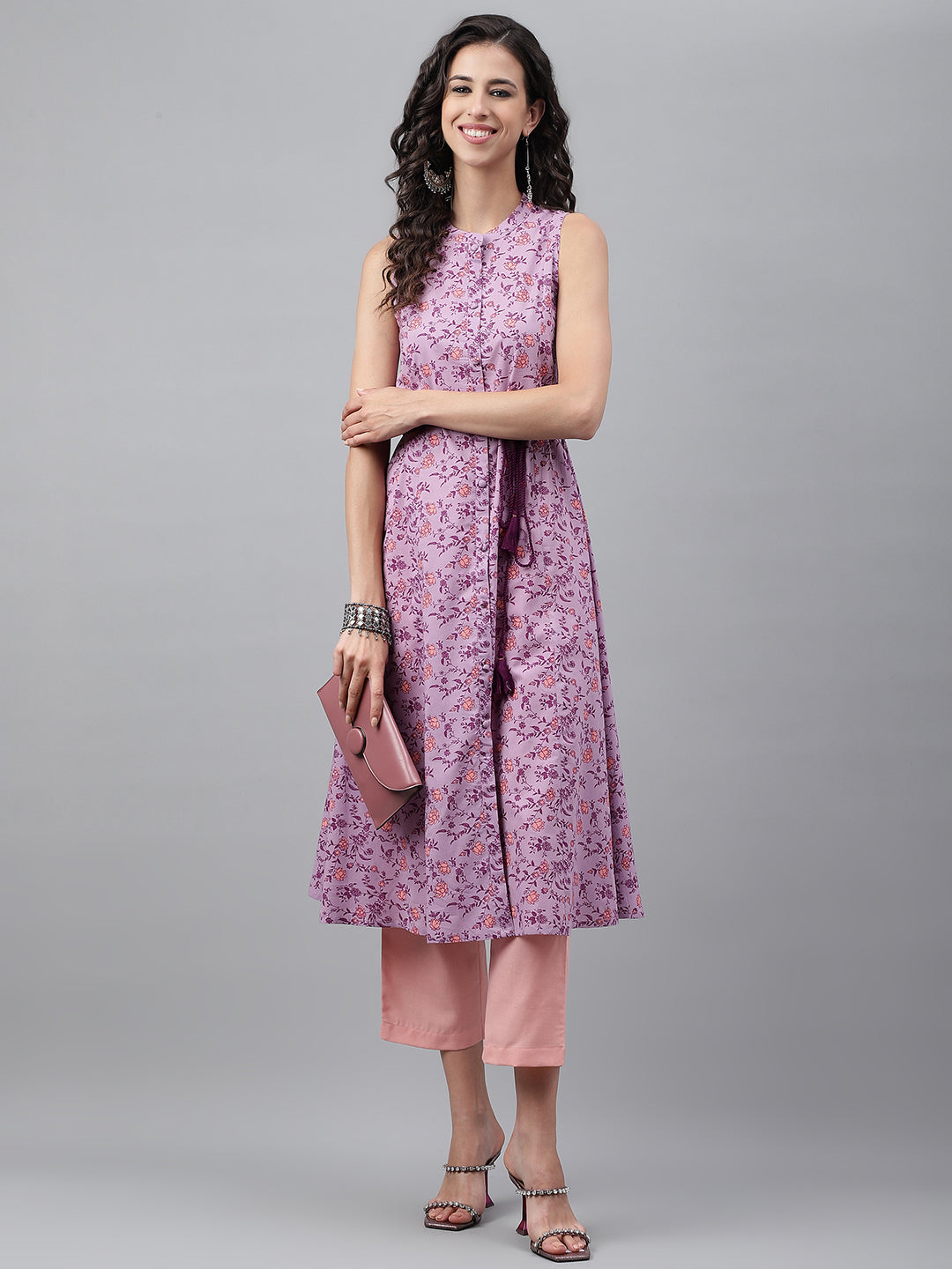 Janasya Women's Lavender Cotton Floral Printed Casual A-Line Kurta | Swadesiicart