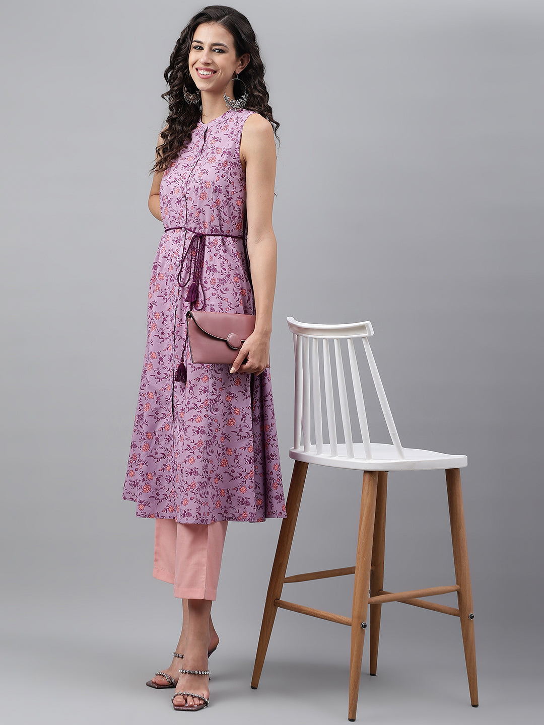 Janasya Women's Lavender Cotton Floral Printed Casual A-Line Kurta | Swadesiicart