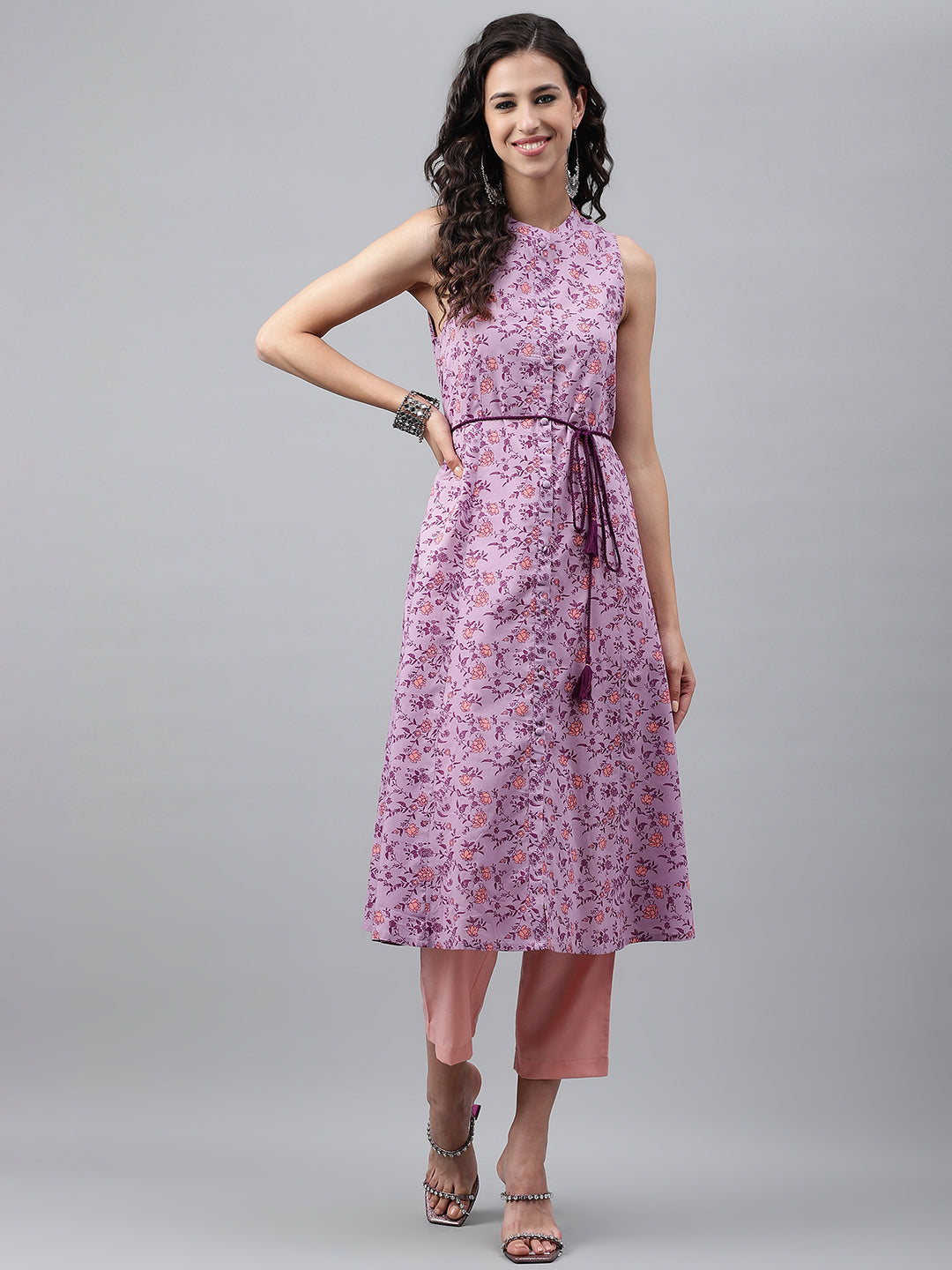 Janasya Women's Lavender Cotton Floral Printed Casual A-Line Kurta | Swadesiicart