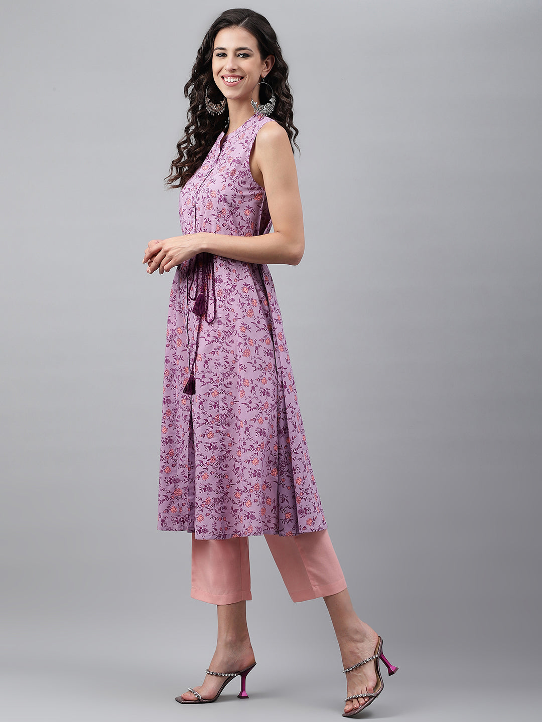 Janasya Women's Lavender Cotton Floral Printed Casual A-Line Kurta | Swadesiicart