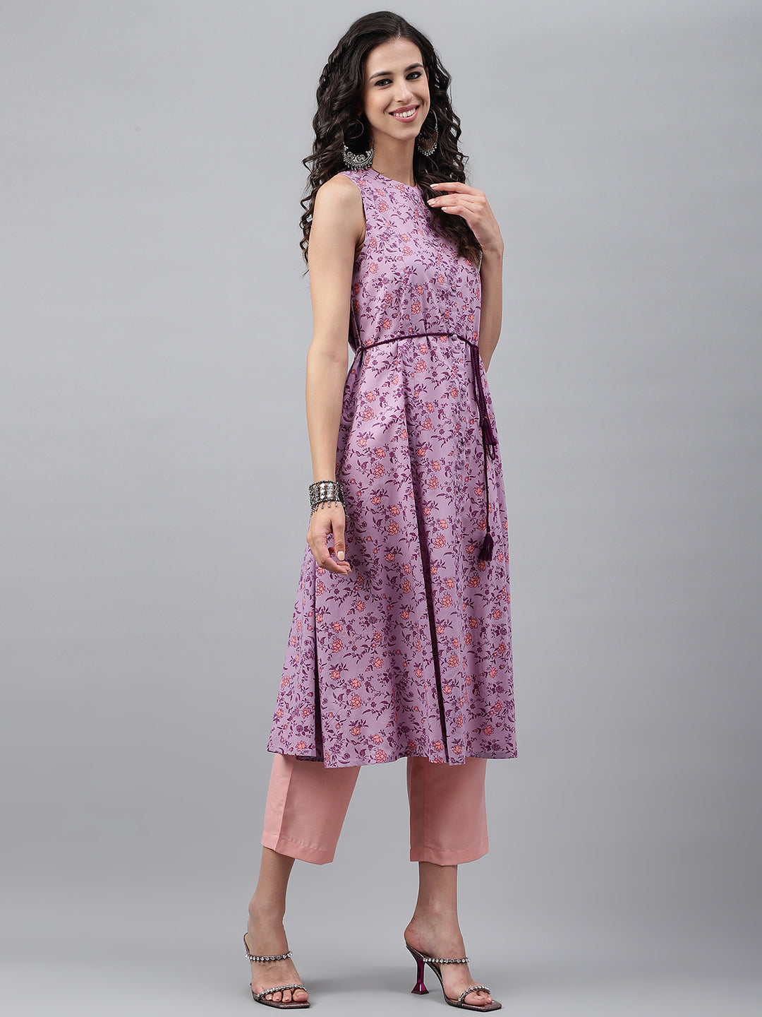 Janasya Women's Lavender Cotton Floral Printed Casual A-Line Kurta | Swadesiicart