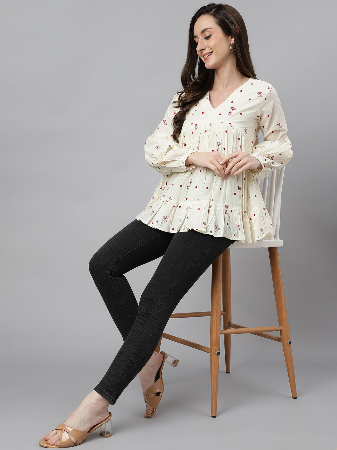 Janasya Women's Off White Cambric Cotton Floral Print Gathered Top | Swadesiicart