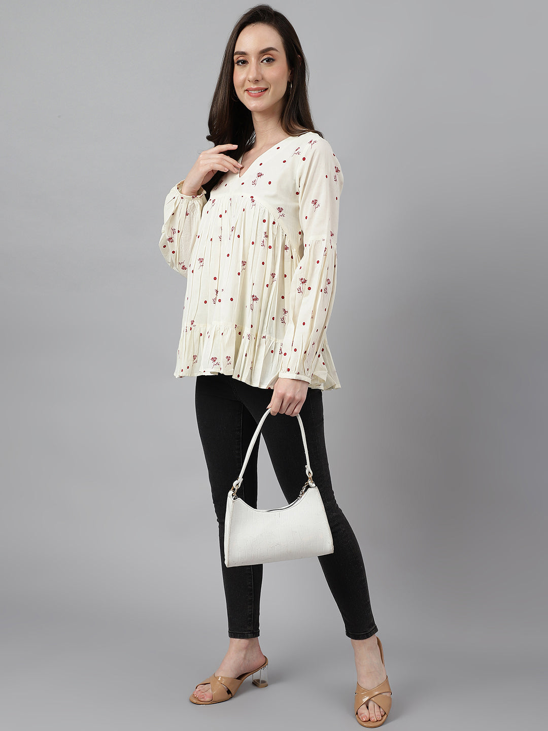 Janasya Women's Off White Cambric Cotton Floral Print Gathered Top | Swadesiicart