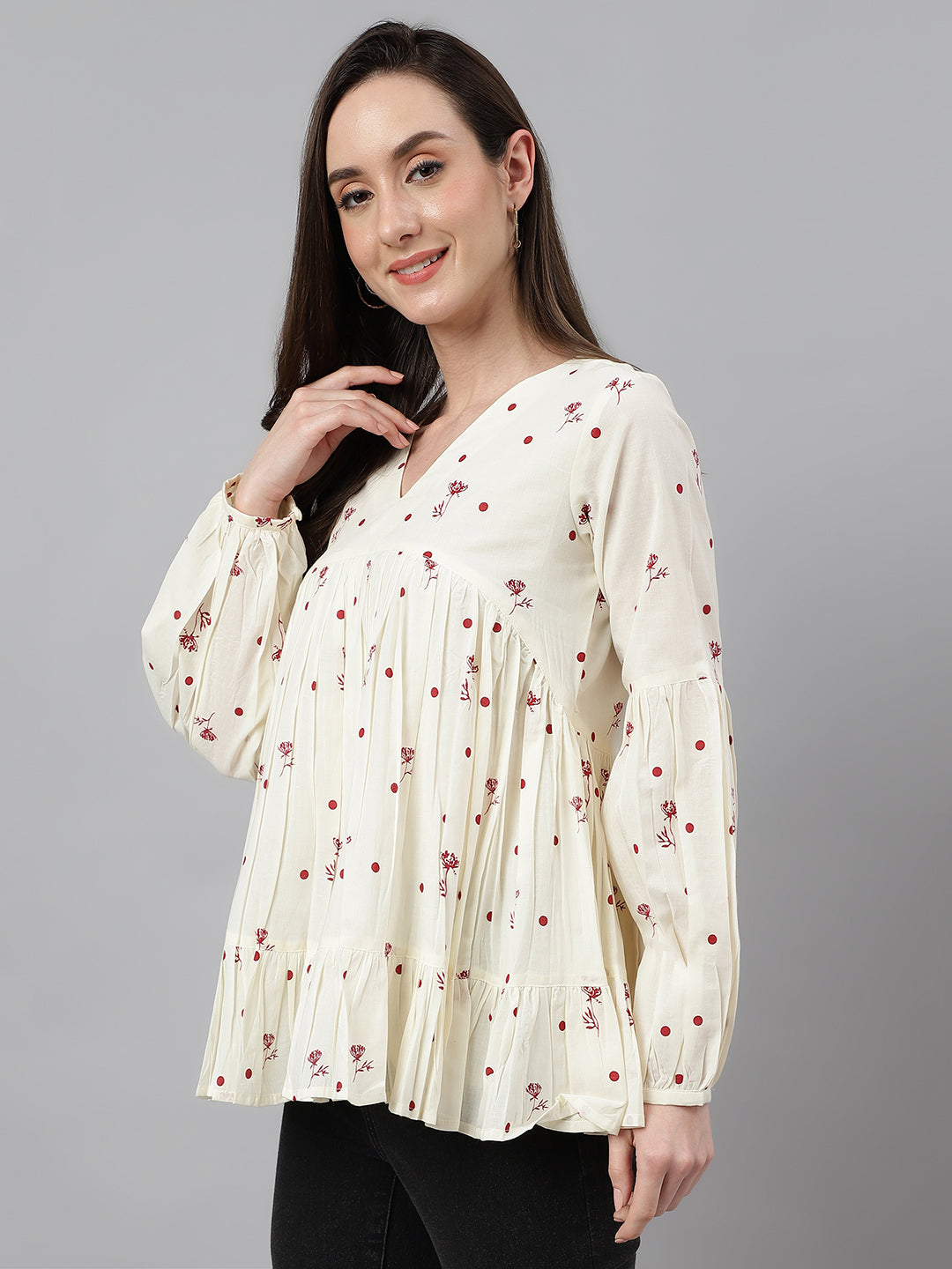 Janasya Women's Off White Cambric Cotton Floral Print Gathered Top | Swadesiicart