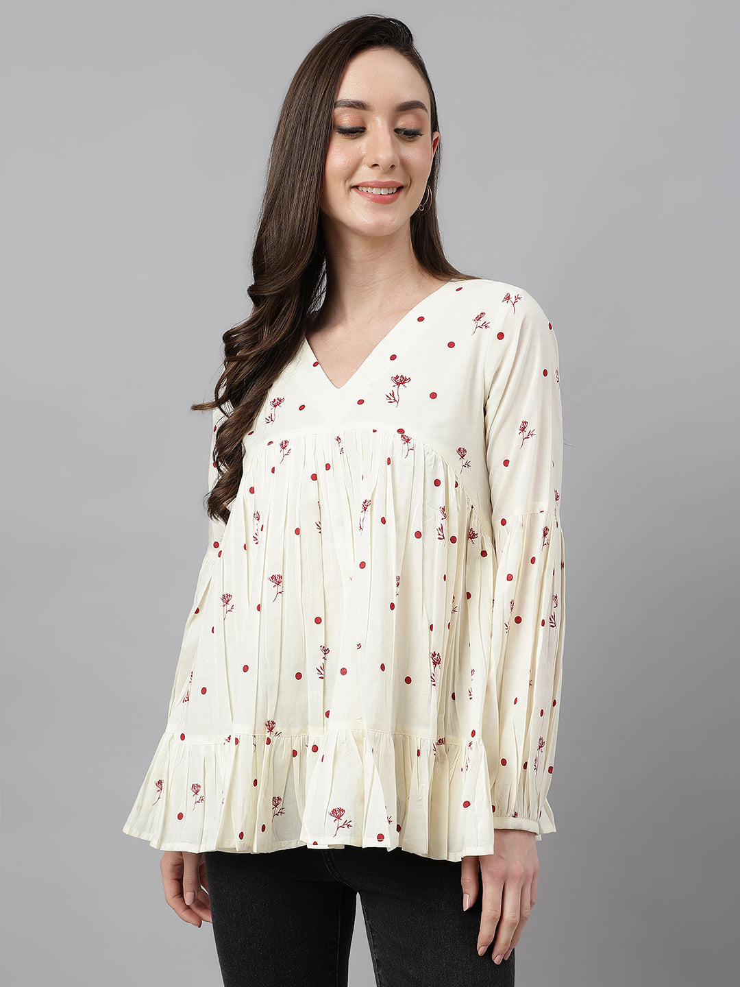 Janasya Women's Off White Cambric Cotton Floral Print Gathered Top | Swadesiicart