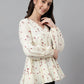 Janasya Women's Off White Cambric Cotton Floral Print Gathered Top | Swadesiicart