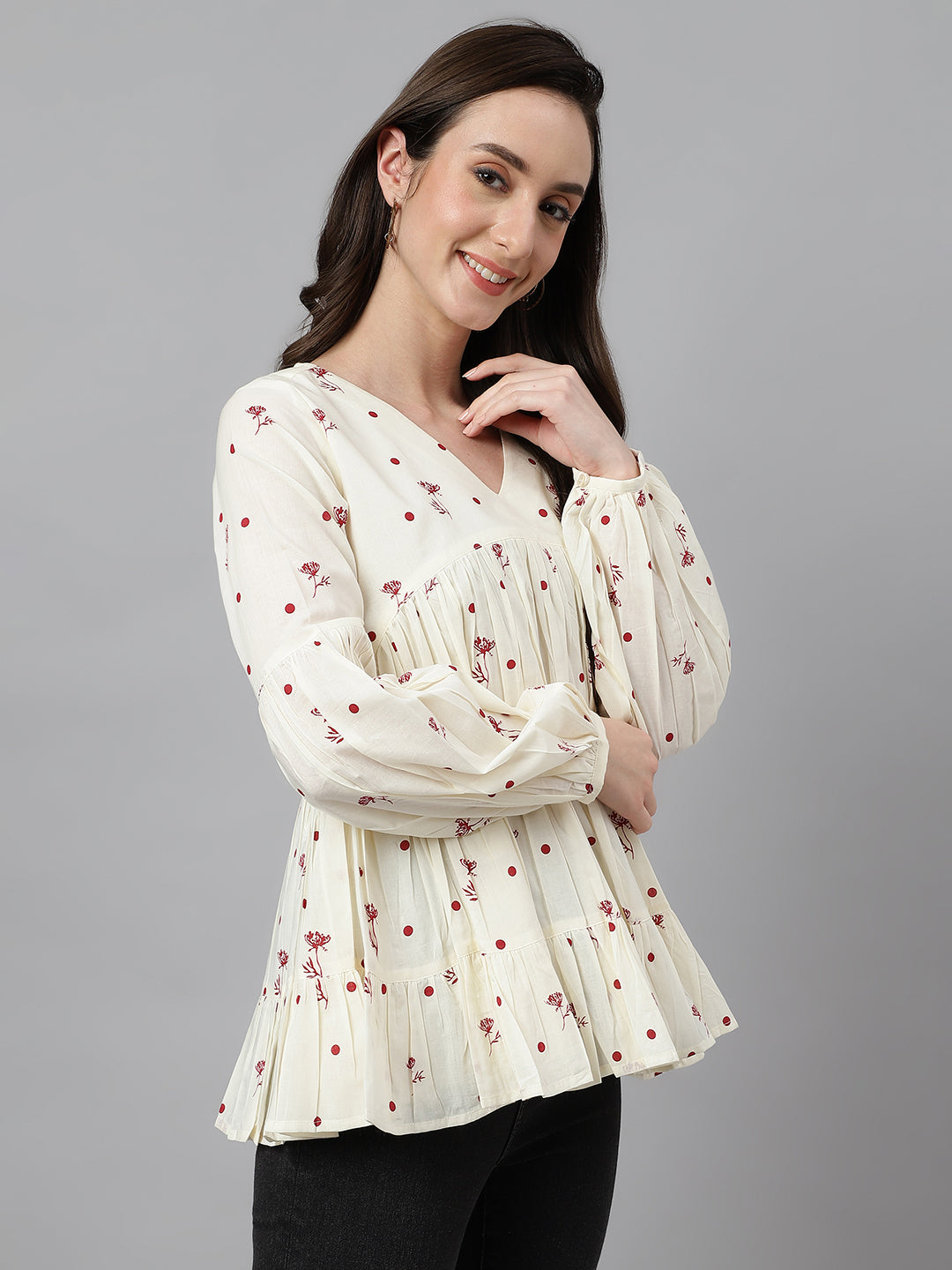 Janasya Women's Off White Cambric Cotton Floral Print Gathered Top | Swadesiicart