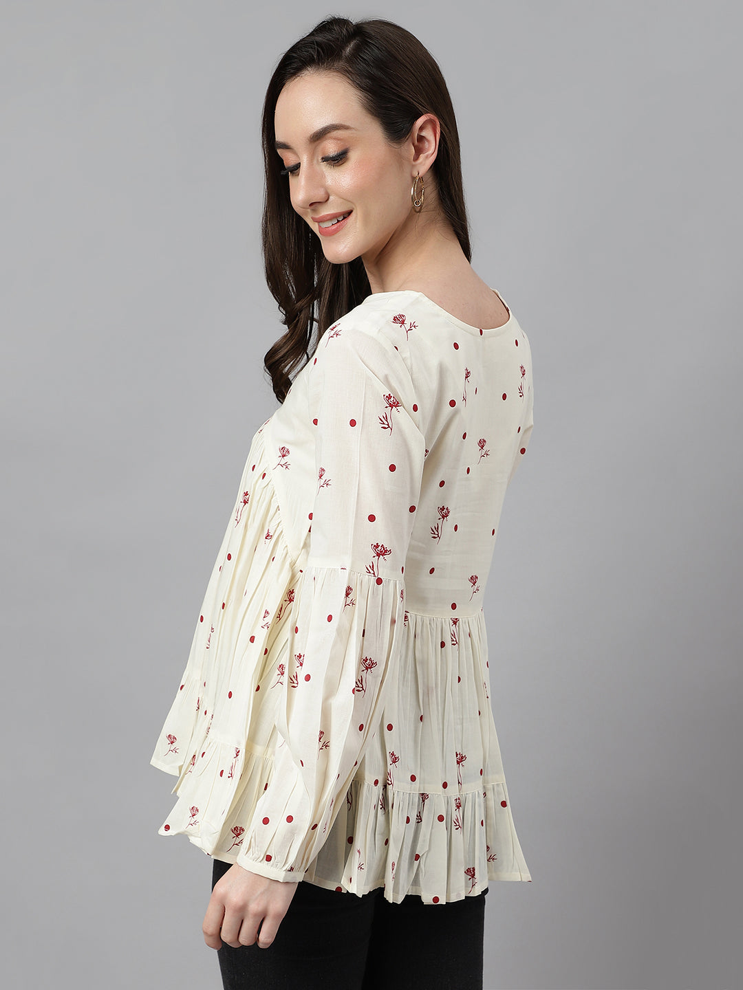 Janasya Women's Off White Cambric Cotton Floral Print Gathered Top | Swadesiicart