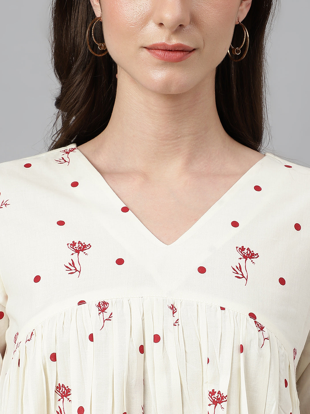 Janasya Women's Off White Cambric Cotton Floral Print Gathered Top | Swadesiicart