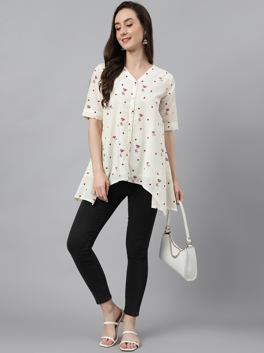 Janasya Women's Off White Cambric Cotton Botanical Print Asymmetric Top | Swadesiicart