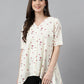 Janasya Women's Off White Cambric Cotton Botanical Print Asymmetric Top | Swadesiicart