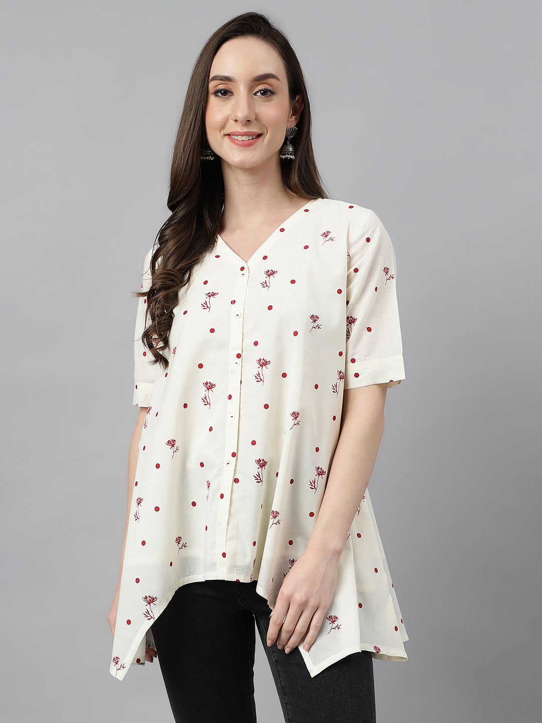 Janasya Women's Off White Cambric Cotton Botanical Print Asymmetric Top | Swadesiicart
