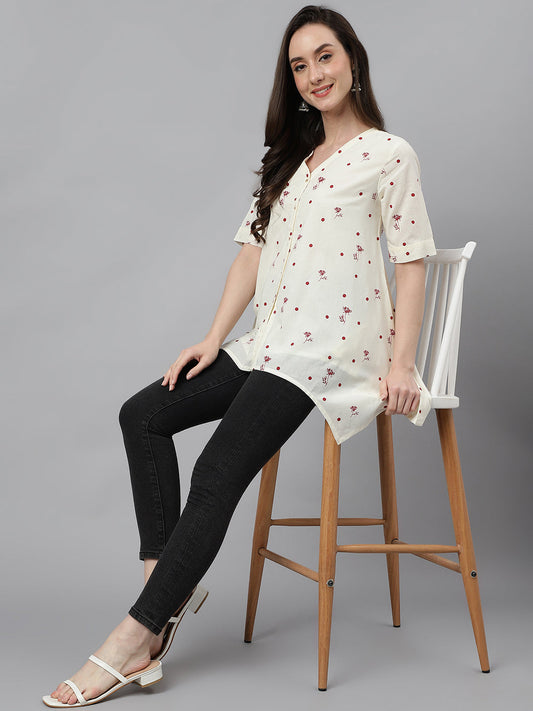 Janasya Women's Off White Cambric Cotton Botanical Print Asymmetric Top | Swadesiicart