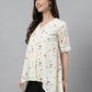 Janasya Women's Off White Cambric Cotton Botanical Print Asymmetric Top | Swadesiicart