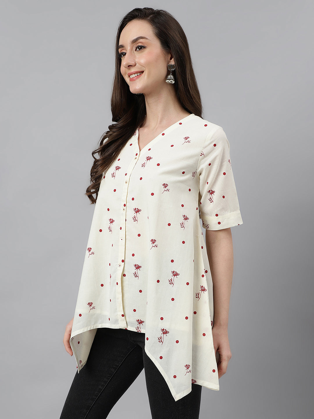 Janasya Women's Off White Cambric Cotton Botanical Print Asymmetric Top | Swadesiicart