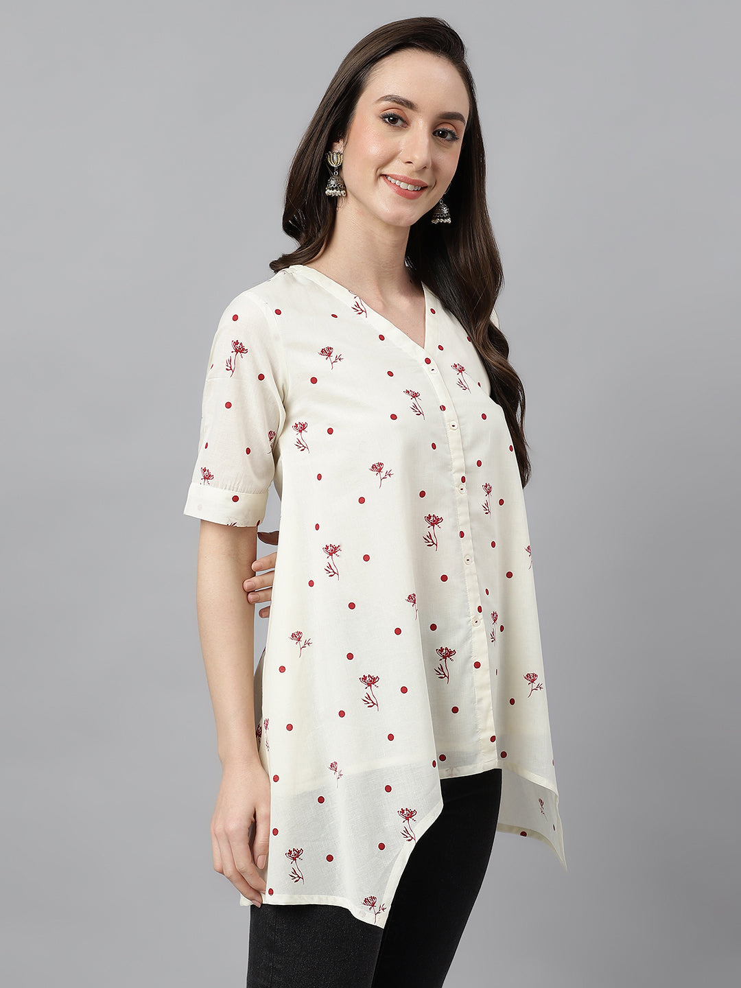 Janasya Women's Off White Cambric Cotton Botanical Print Asymmetric Top | Swadesiicart
