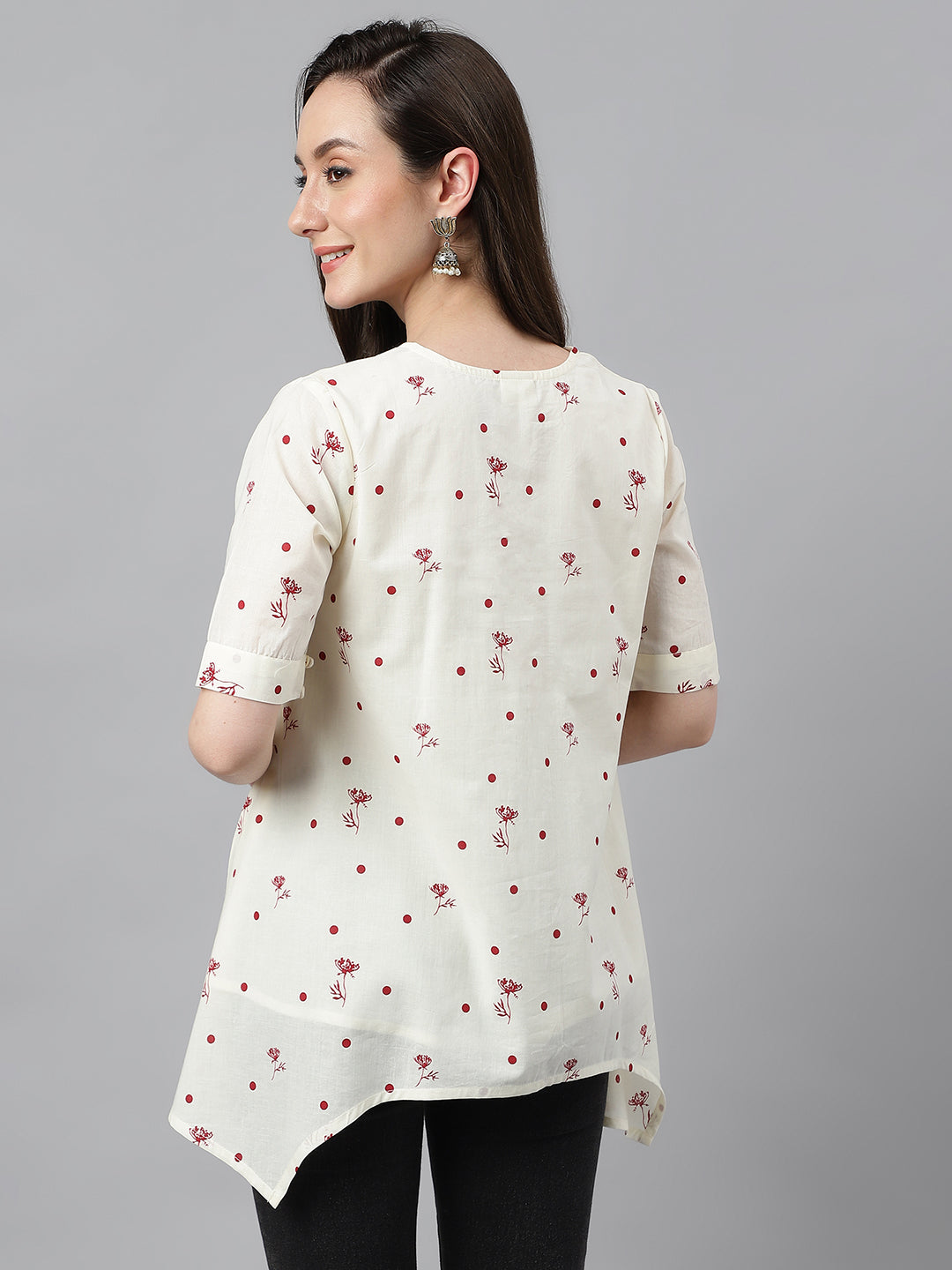 Janasya Women's Off White Cambric Cotton Botanical Print Asymmetric Top | Swadesiicart