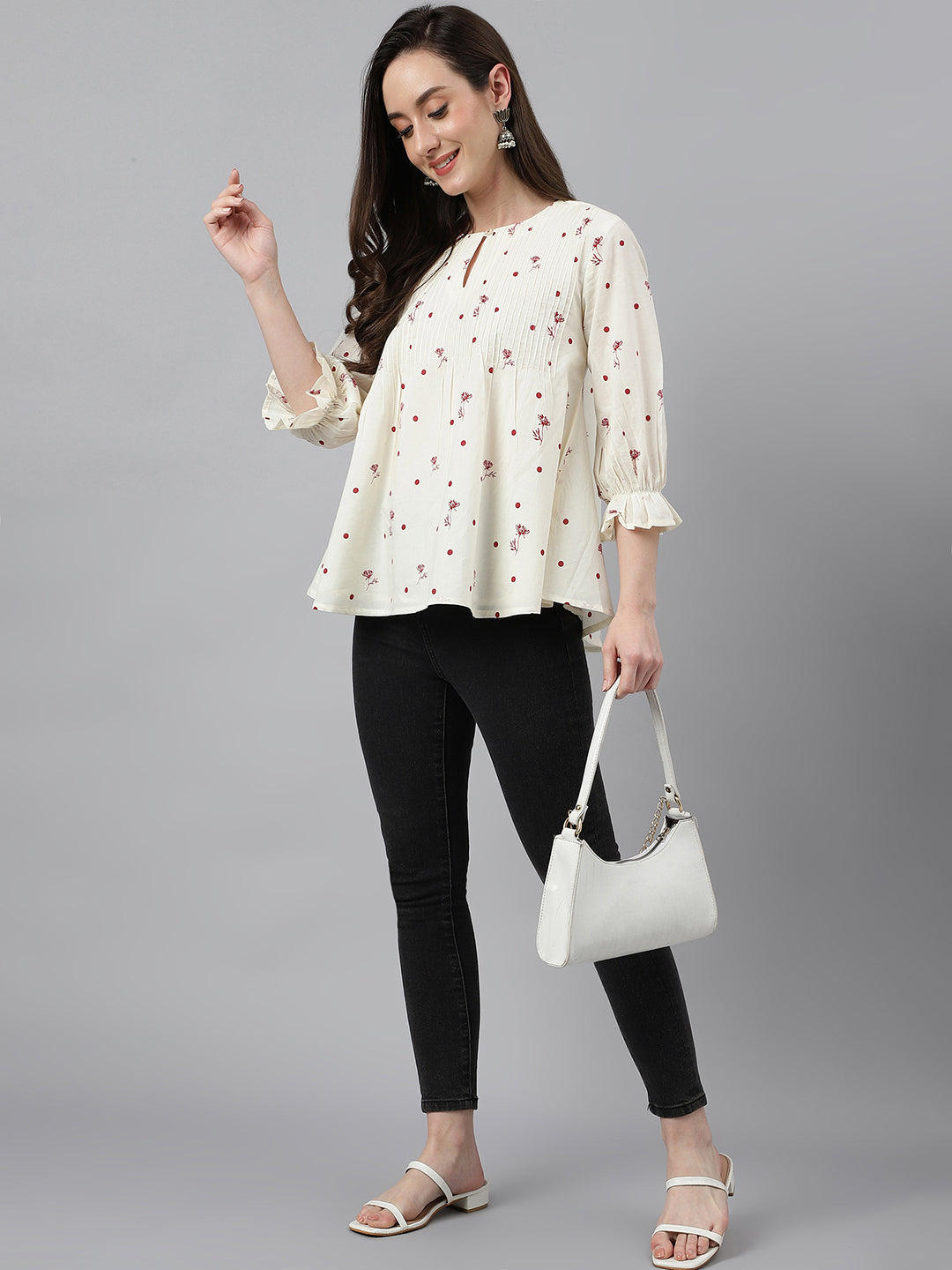 Janasya Women's Off White Cambric Cotton Botanical Print Flared Top | Swadesiicart