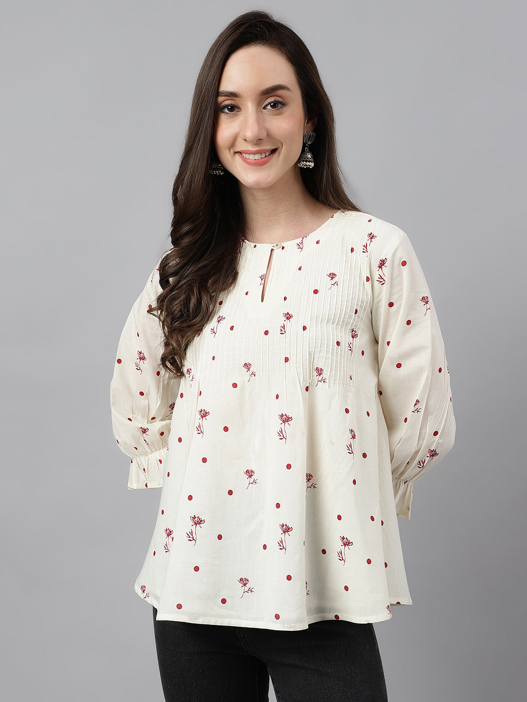 Janasya Women's Off White Cambric Cotton Botanical Print Flared Top | Swadesiicart