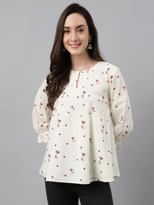 Janasya Women's Off White Cambric Cotton Botanical Print Flared Top | Swadesiicart