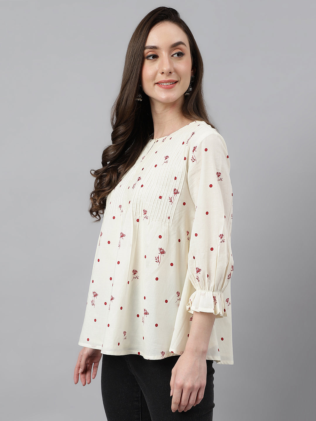 Janasya Women's Off White Cambric Cotton Botanical Print Flared Top | Swadesiicart