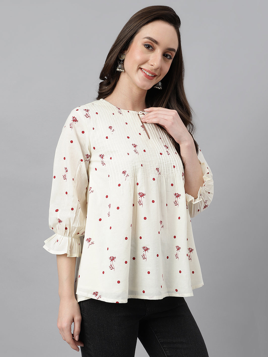 Janasya Women's Off White Cambric Cotton Botanical Print Flared Top | Swadesiicart