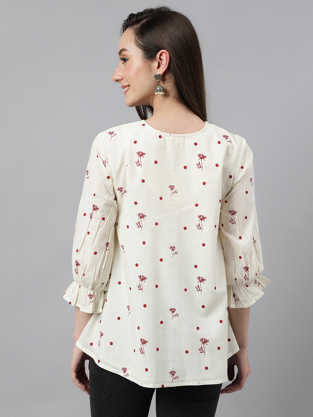 Janasya Women's Off White Cambric Cotton Botanical Print Flared Top | Swadesiicart