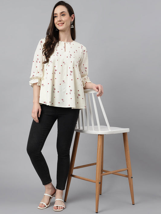 Janasya Women's Off White Cambric Cotton Botanical Print Flared Top | Swadesiicart