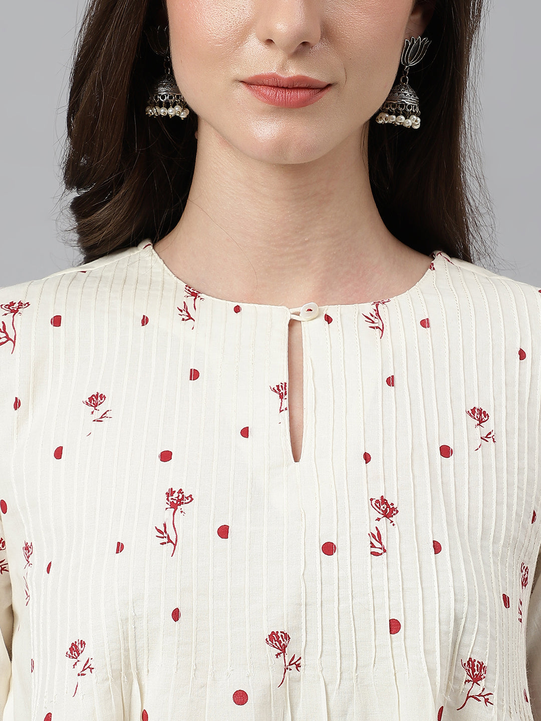 Janasya Women's Off White Cambric Cotton Botanical Print Flared Top | Swadesiicart
