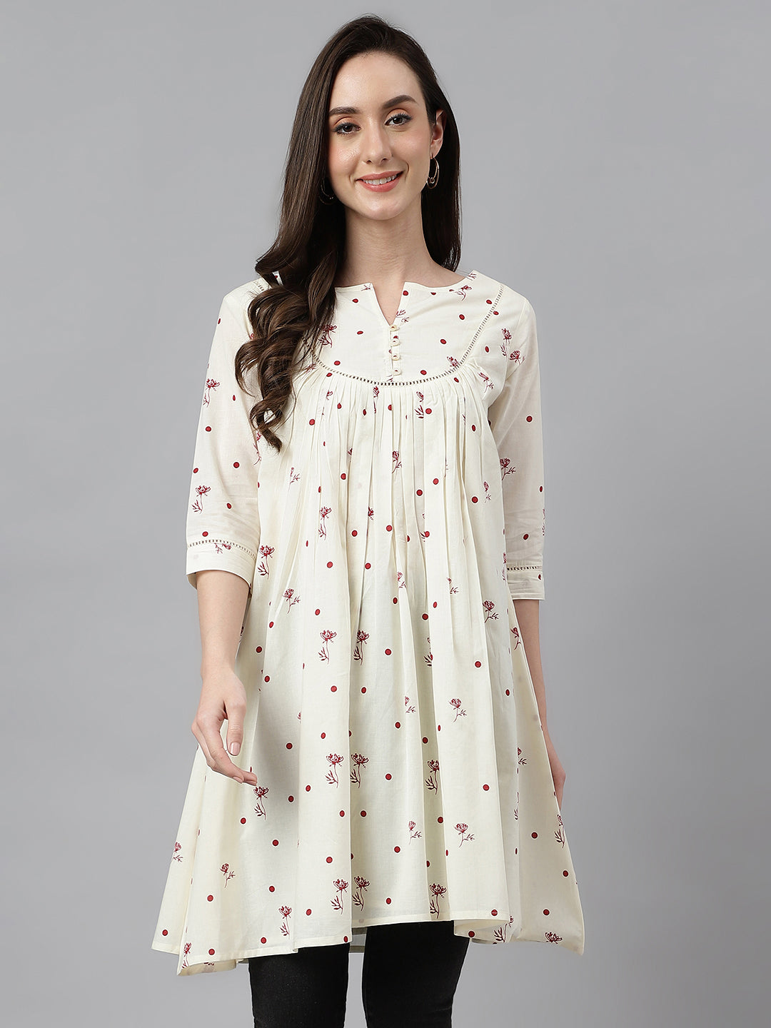 Janasya Women's Off White Cambric Cotton Botanical Print Flared Tunic | Swadesiicart