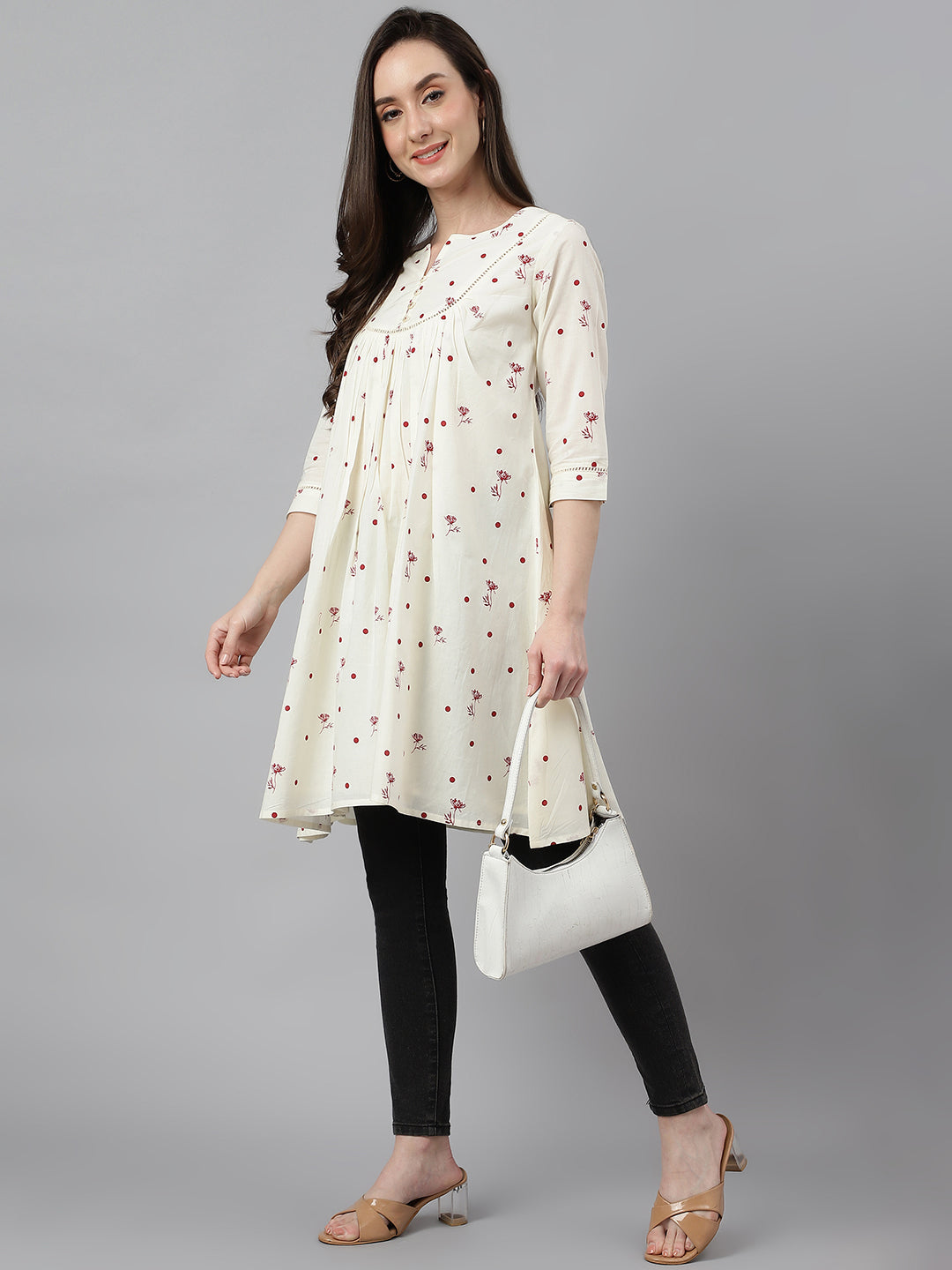 Janasya Women's Off White Cambric Cotton Botanical Print Flared Tunic | Swadesiicart