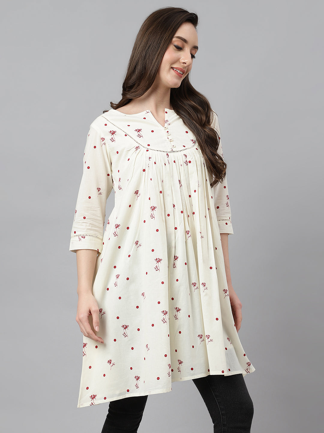 Janasya Women's Off White Cambric Cotton Botanical Print Flared Tunic | Swadesiicart