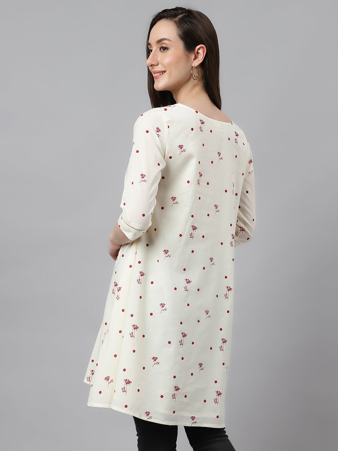 Janasya Women's Off White Cambric Cotton Botanical Print Flared Tunic | Swadesiicart