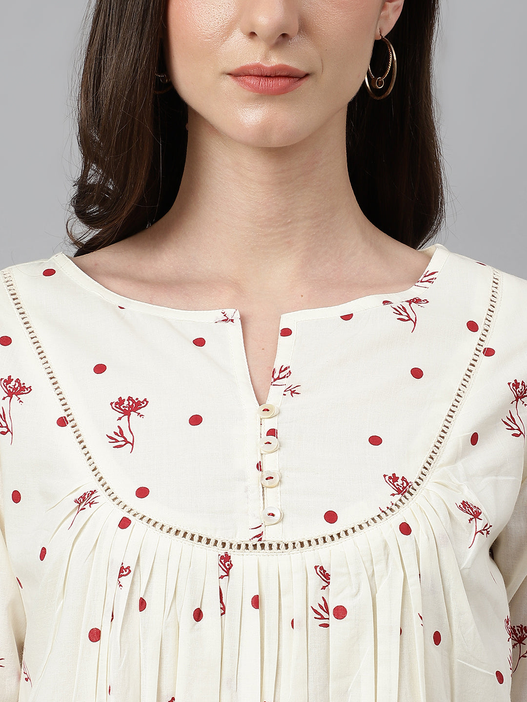 Janasya Women's Off White Cambric Cotton Botanical Print Flared Tunic | Swadesiicart