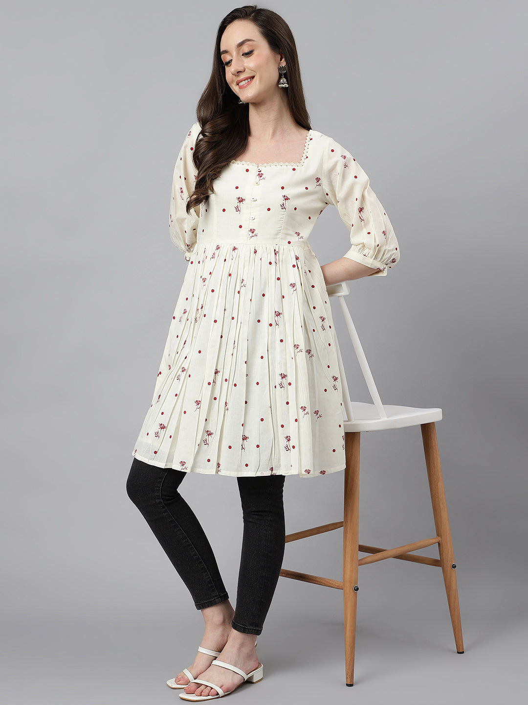 Janasya Women's Off White Cambric Cotton Botanical Print Flared Tunic | Swadesiicart