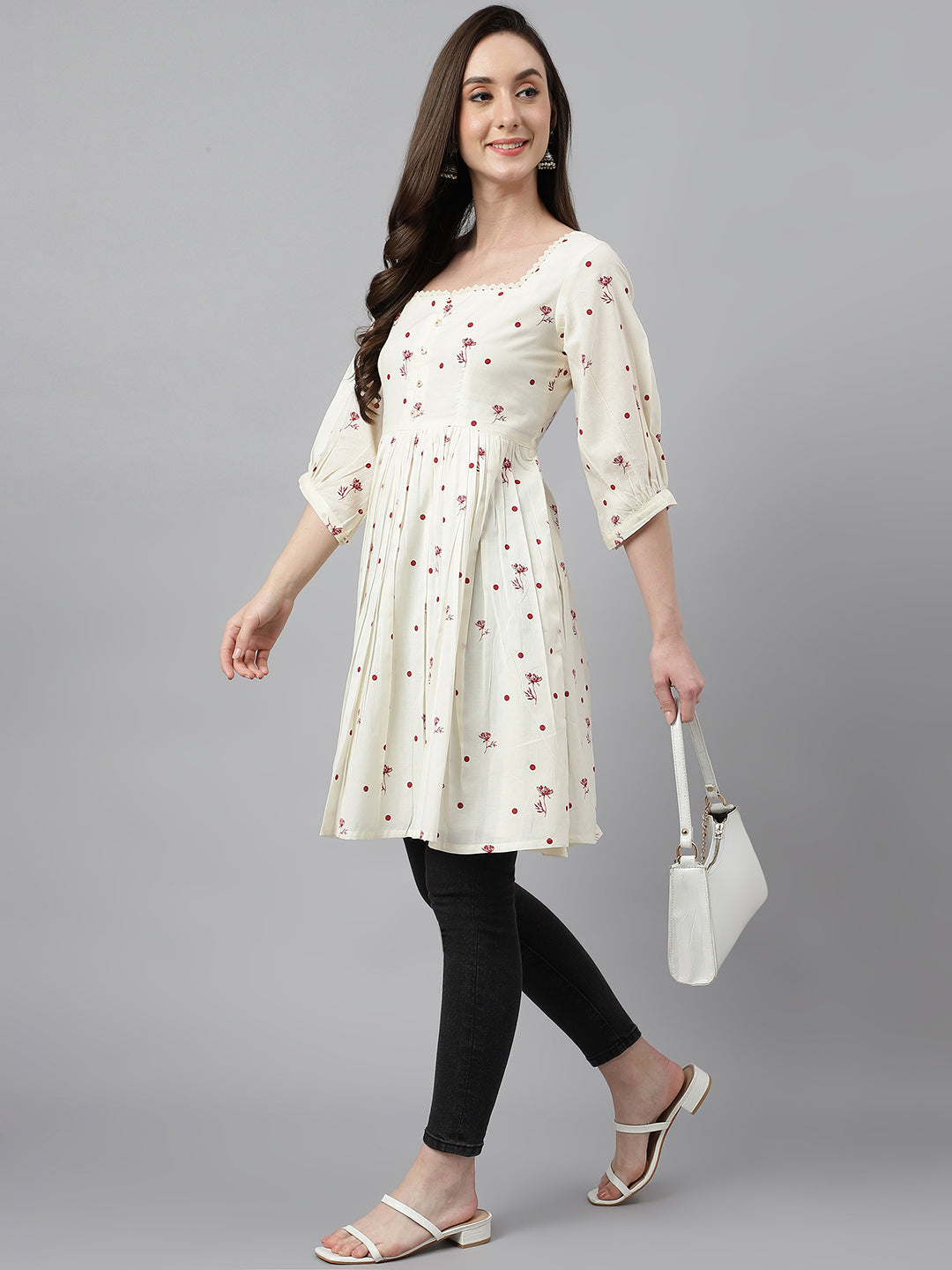 Janasya Women's Off White Cambric Cotton Botanical Print Flared Tunic | Swadesiicart