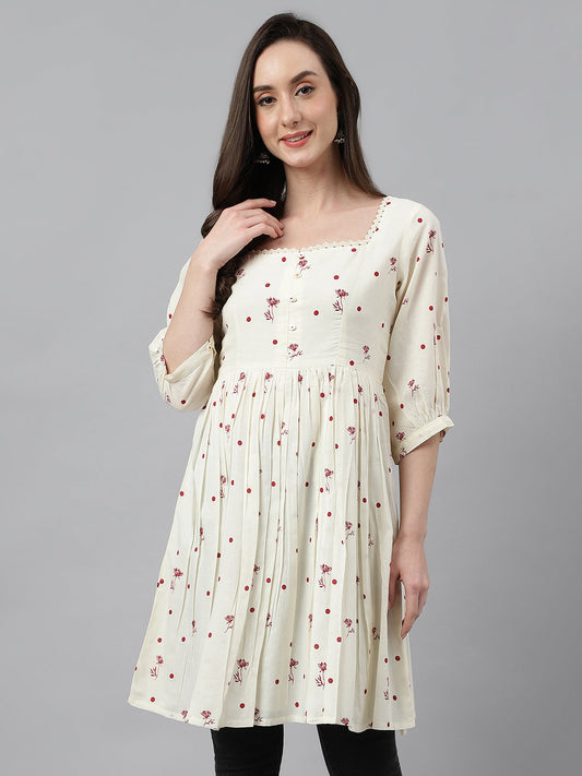 Janasya Women's Off White Cambric Cotton Botanical Print Flared Tunic | Swadesiicart