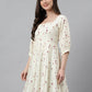 Janasya Women's Off White Cambric Cotton Botanical Print Flared Tunic | Swadesiicart