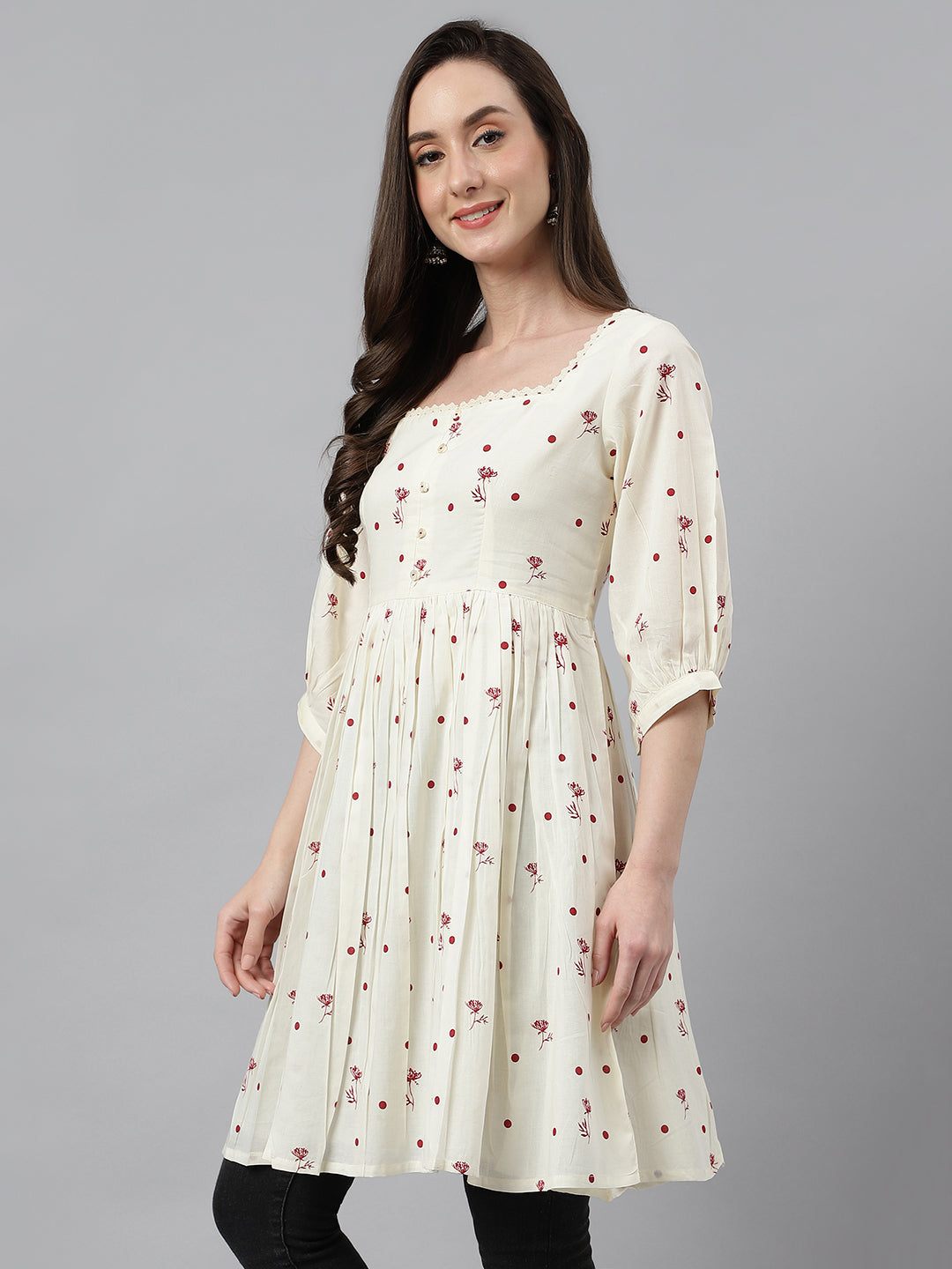 Janasya Women's Off White Cambric Cotton Botanical Print Flared Tunic | Swadesiicart