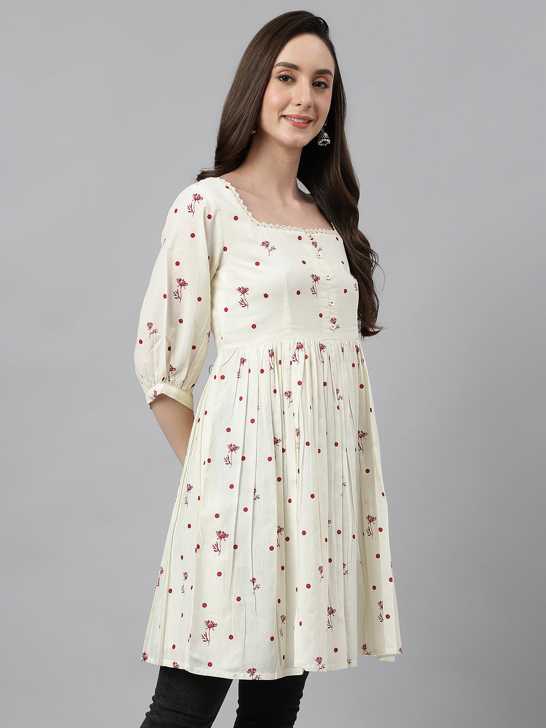 Janasya Women's Off White Cambric Cotton Botanical Print Flared Tunic | Swadesiicart