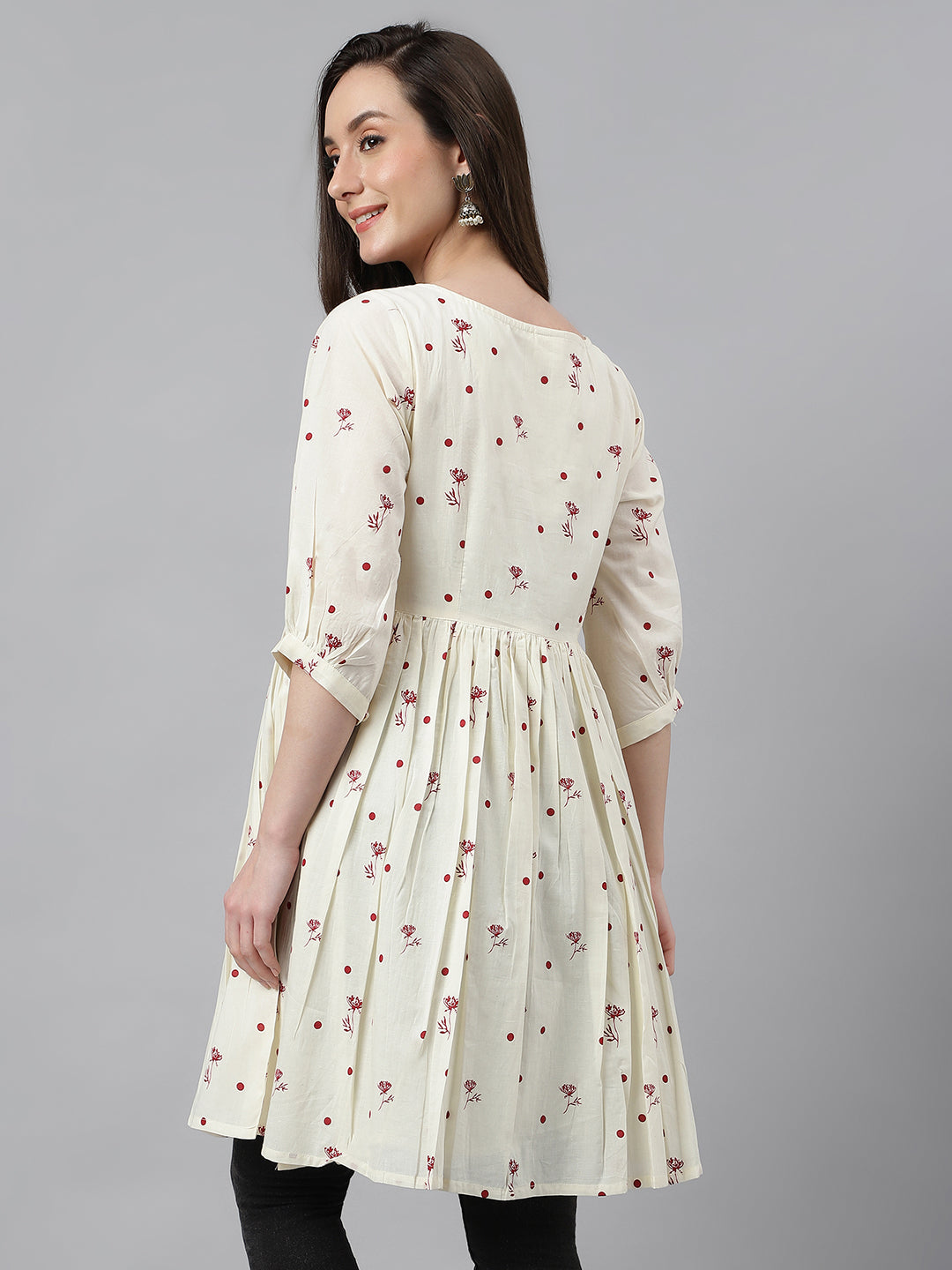 Janasya Women's Off White Cambric Cotton Botanical Print Flared Tunic | Swadesiicart