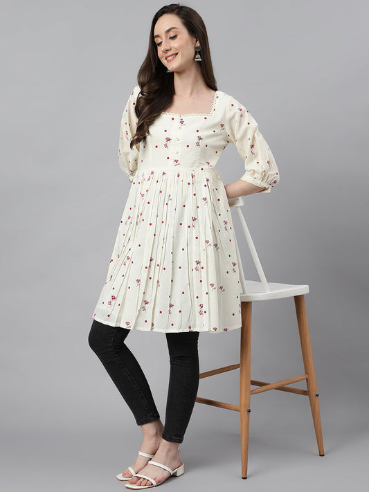 Janasya Women's Off White Cambric Cotton Botanical Print Flared Tunic | Swadesiicart