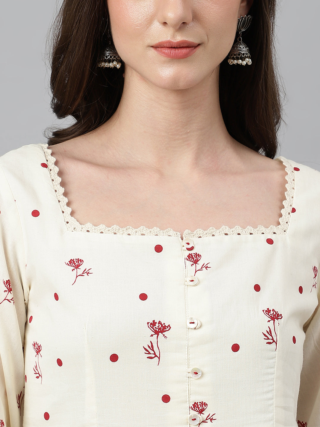 Janasya Women's Off White Cambric Cotton Botanical Print Flared Tunic | Swadesiicart